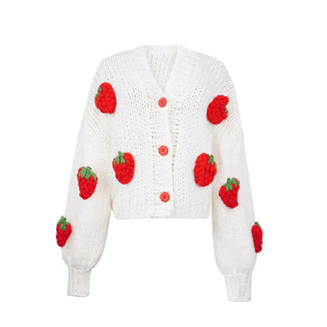 Getadme Large Size Women Sweater Spring Autumn Puff Sleeve Strawberry Sweet Full Cardigans Loose Girls Sweater Euro-America Style